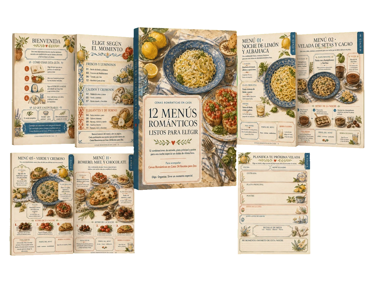 Mockup del bono 12 Menús Románticos Listos para Elegir con portada y páginas interiores