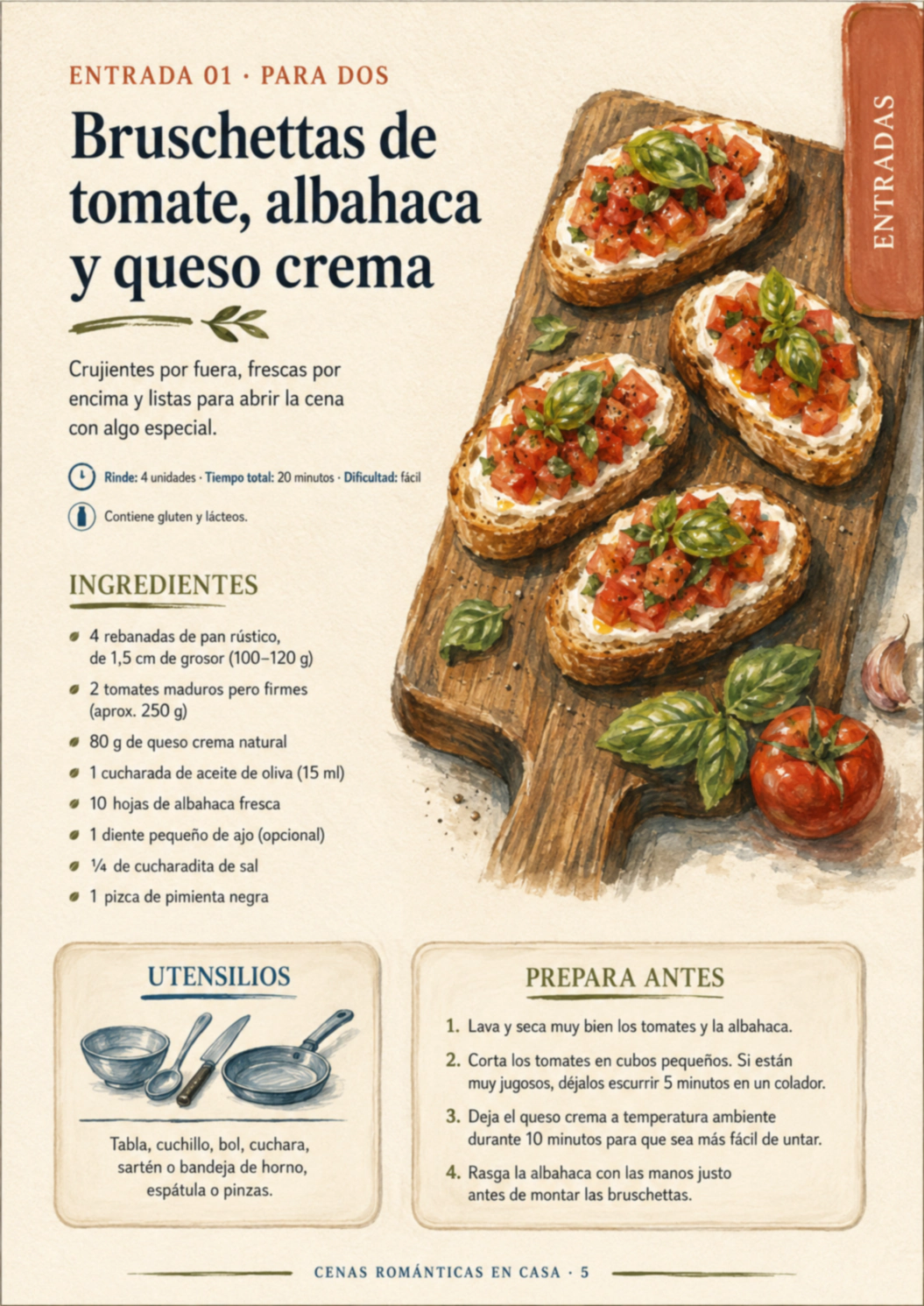 Vista previa levemente desenfocada de la receta Bruschettas de tomate, albahaca y queso crema