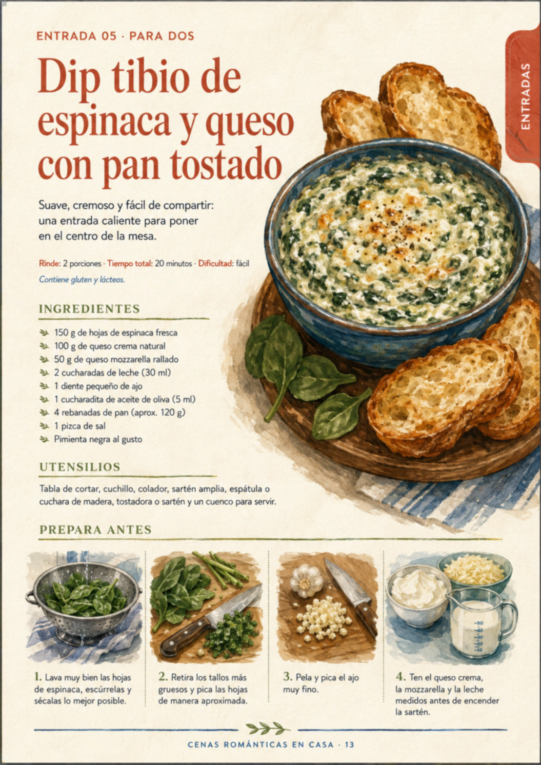 Vista previa levemente desenfocada de la receta Dip tibio de espinaca y queso con pan tostado