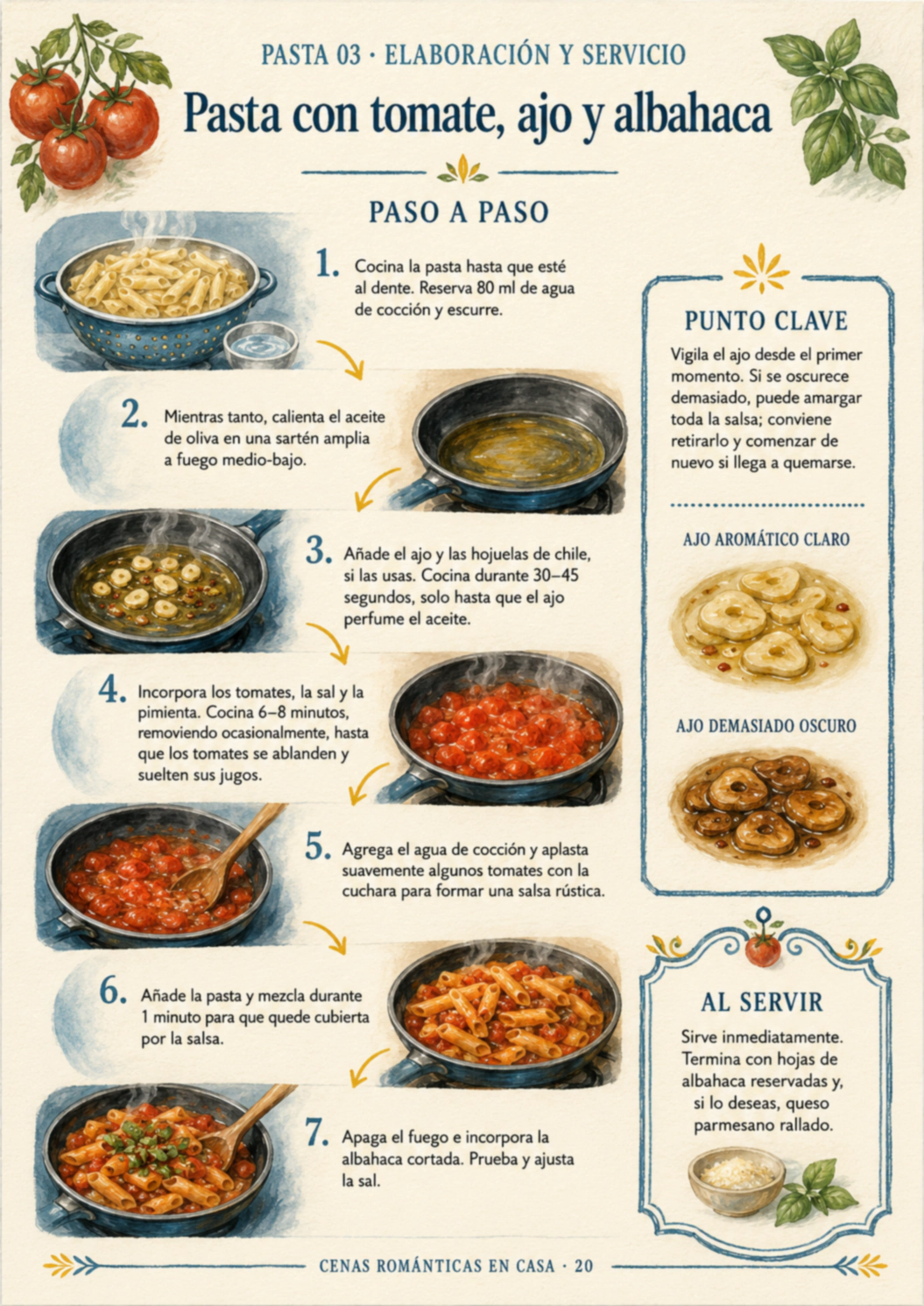 Vista previa levemente desenfocada de la receta Pasta con tomate, ajo y albahaca